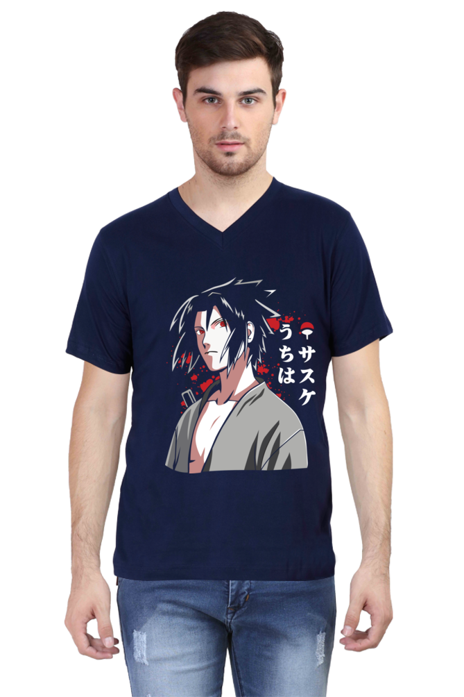 Male V-Neck Half Sleeve Naruto Printed T-Shirt in Navy Blue