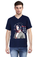 Male V-Neck Half Sleeve Naruto Printed T-Shirt in Navy Blue