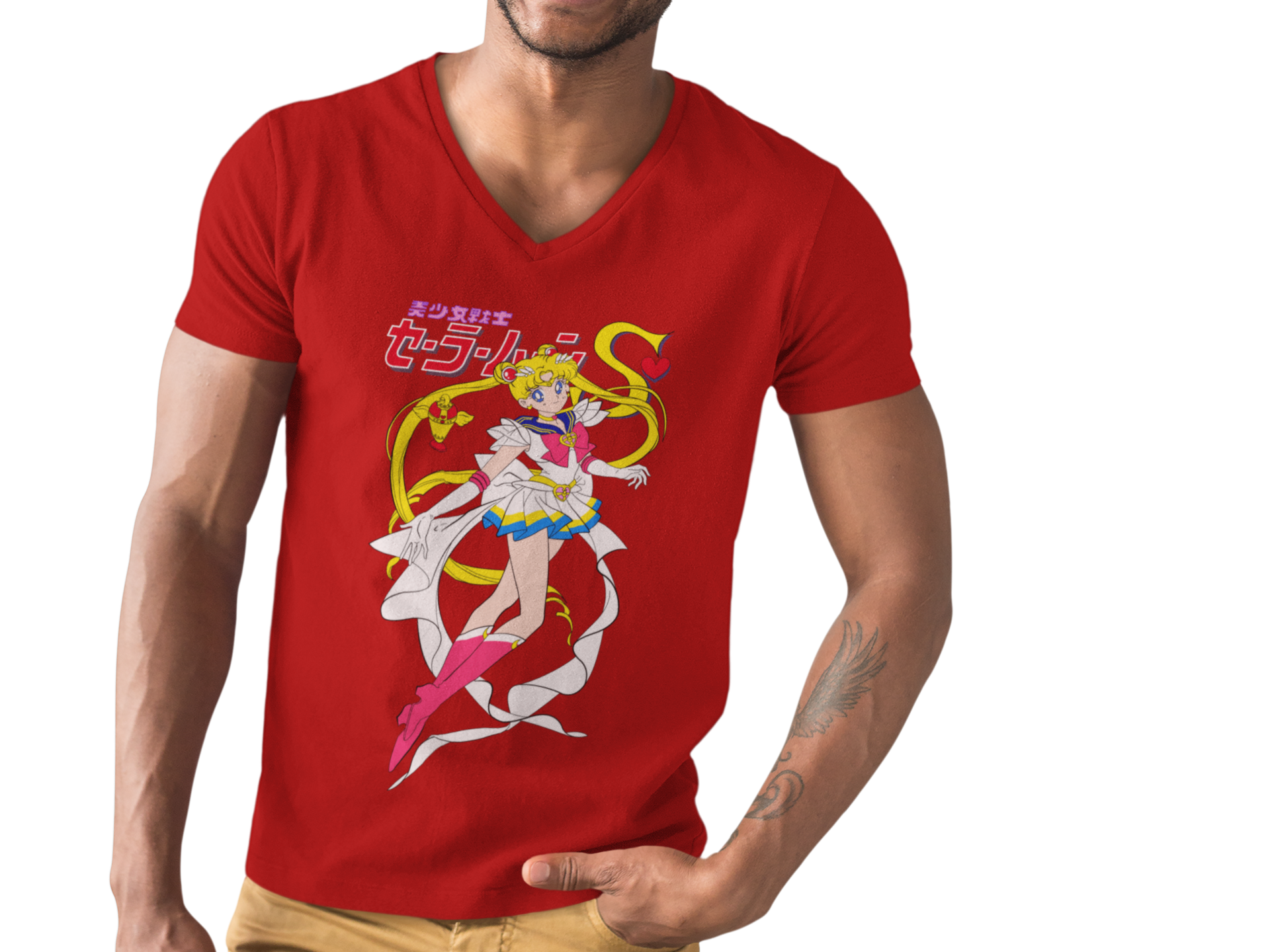 Male V-Neck Half Sleeve Classic Printed T-Shirt In Red