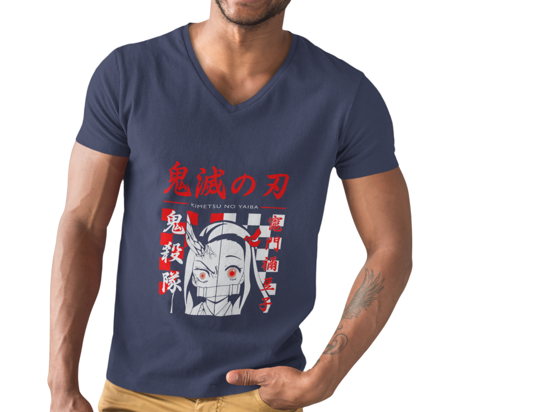 Male V-Neck Half Sleeve Classic Printed T-Shirt in Navy Blue