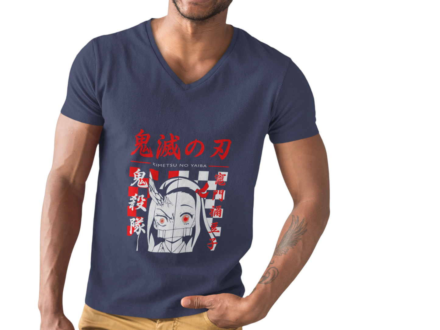 Male V-Neck Half Sleeve Classic Printed T-Shirt in Navy Blue