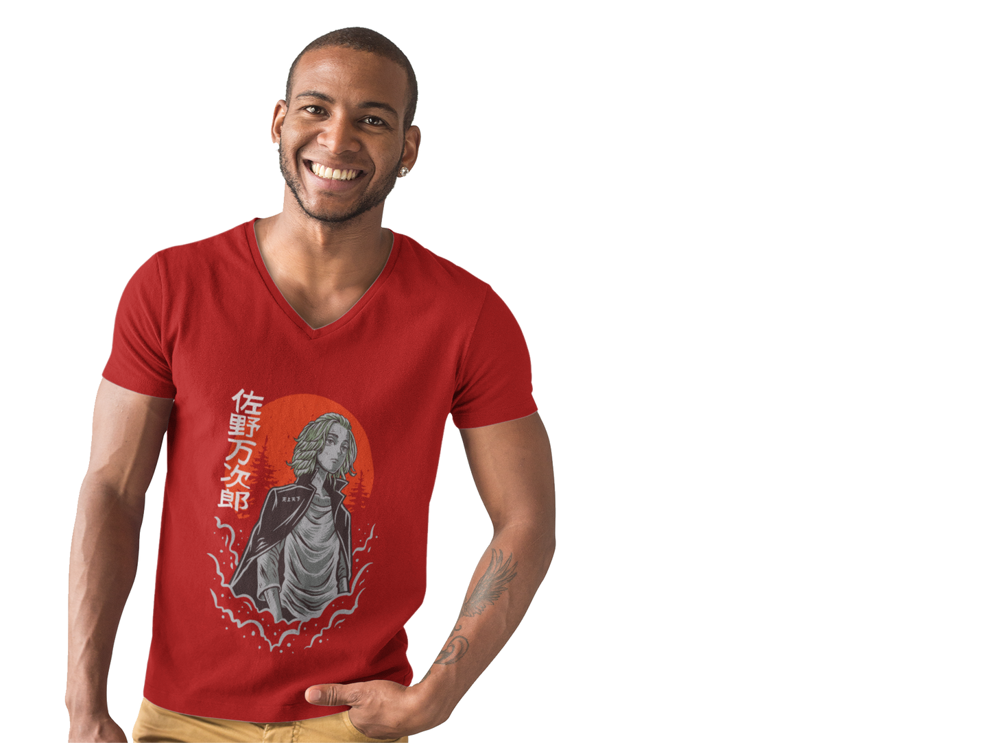 Male V-Neck Half Sleeve Classic Printed T-Shirt In Red