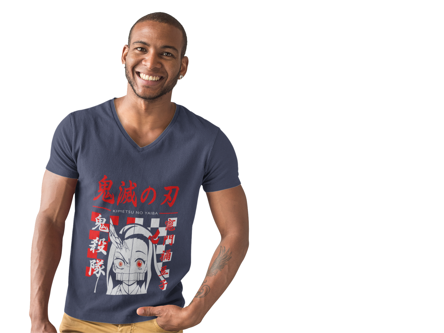 Male V-Neck Half Sleeve Classic Printed T-Shirt in Navy Blue