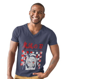 Male V-Neck Half Sleeve Classic Printed T-Shirt in Navy Blue