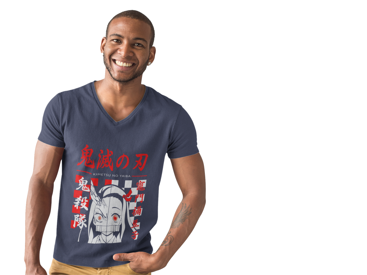 Male V-Neck Half Sleeve Classic Printed T-Shirt in Navy Blue