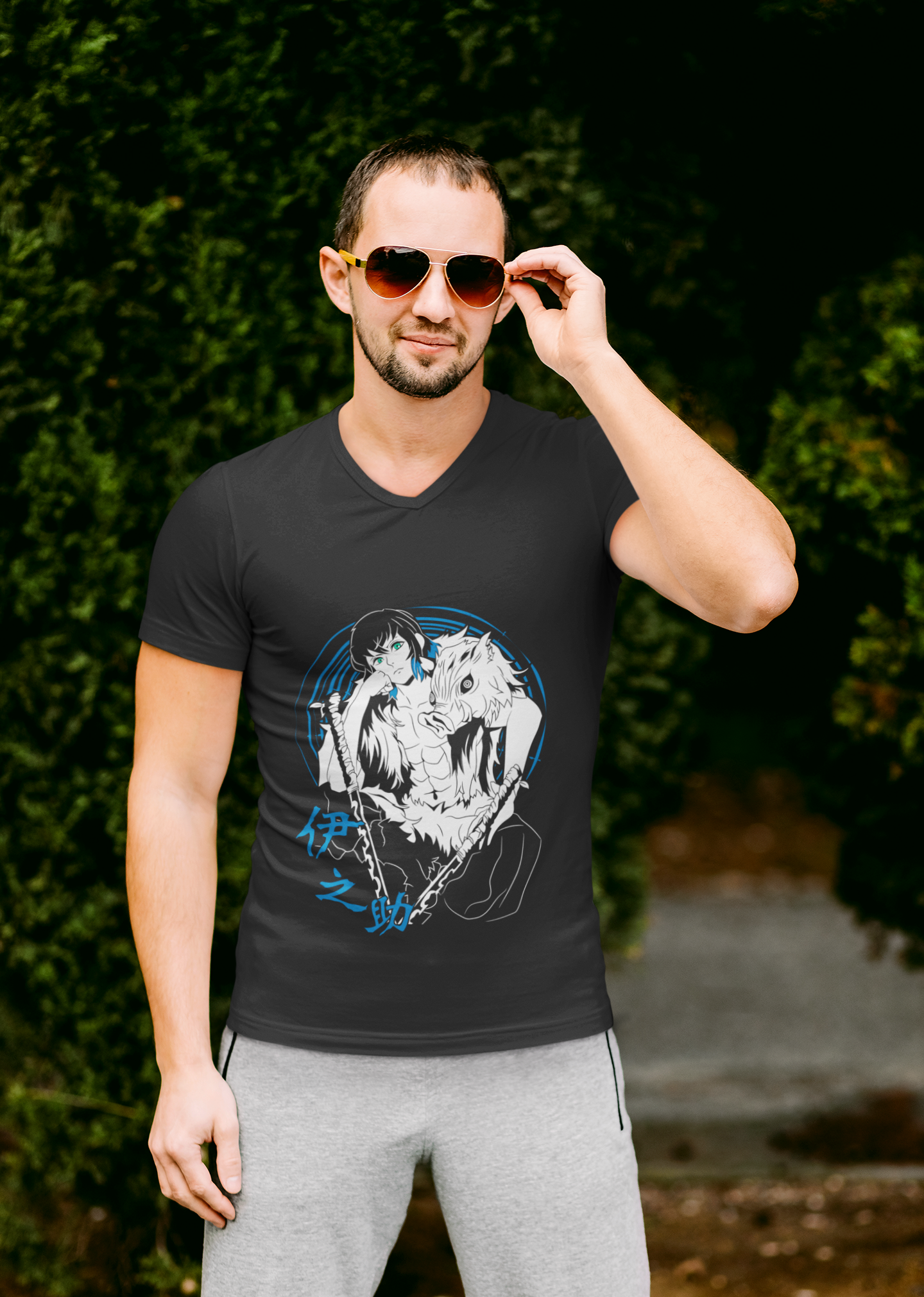 Male V-Neck Half Sleeve Classic Printed T-Shirt in Black